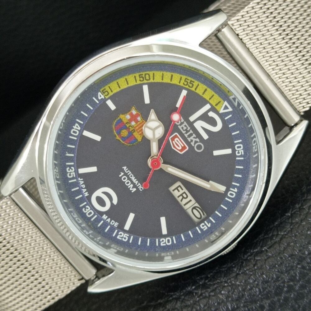 Vintage 1981 FCB Seiko Automatic Mens Silver Watch W/daydate & FCB accents